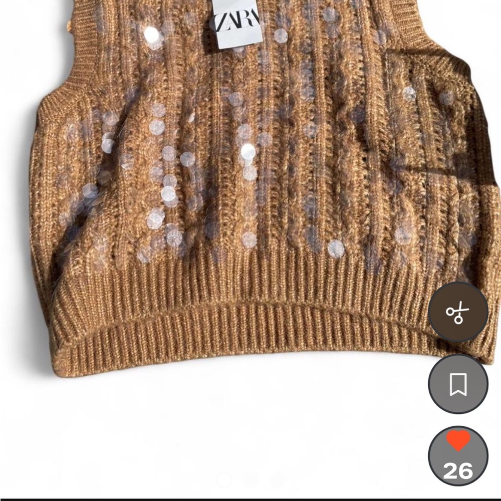 ZARA Camel Sequin Cable Knit Cropped Sweater Vest
